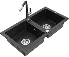 Granitinė virtuvinė plautuvė Mexen Mario su maišytuvu ir sifonu, Metallic juodas/sidabrinis+Juodas/Chrome