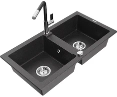 Granitinė virtuvinė plautuvė Mexen Mario su maišytuvu ir sifonu, Juodas granite+Juodas/Chrome