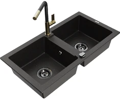 Granitinė virtuvinė plautuvė Mexen Mario su maišytuvu ir sifonu, Metallic juodas/auksinis+Juodas/Gold