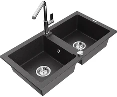 Granitinė virtuvinė plautuvė Mexen Mario su maišytuvu ir sifonu, Juodas granite+Chrome
