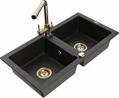 Granitinė virtuvinė plautuvė Mexen Mario su maišytuvu ir sifonu, Metallic juodas/auksinis+Gold