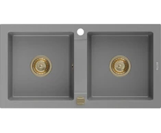 Granitinė virtuvinė plautuvė Mexen Mario su sifonu, Pilkas+Gold, 820 x 436 mm