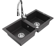 Granitinė virtuvinė plautuvė Mexen Mario su maišytuvu ir sifonu, Juodas granite+Chrome