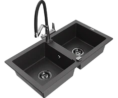 Granitinė virtuvinė plautuvė Mexen Mario su maišytuvu ir sifonu, Juodas granite+Juodas/Chrome
