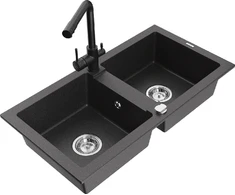 Granitinė virtuvinė plautuvė Mexen Mario su maišytuvu ir sifonu, Juodas granite+Juodas