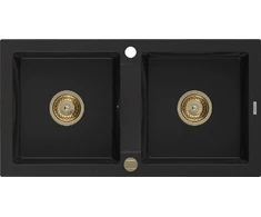Granitinė virtuvinė plautuvė Mexen Mario su sifonu, Juodas+Gold, 820 x 436 mm