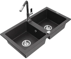 Granitinė virtuvinė plautuvė Mexen Mario su maišytuvu ir sifonu, Juodas granite+Juodas granite/Chrome
