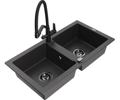 Granitinė virtuvinė plautuvė Mexen Mario su maišytuvu ir sifonu, Juodas granite+Juodas