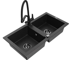 Granitinė virtuvinė plautuvė Mexen Mario su maišytuvu ir sifonu, Metallic juodas/sidabrinis+Juodas