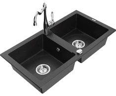 Granitinė virtuvinė plautuvė Mexen Mario su maišytuvu ir sifonu, Metallic juodas/sidabrinis+Chrome