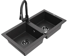 Granitinė virtuvinė plautuvė Mexen Mario su maišytuvu ir sifonu, Juodas granite+Juodas