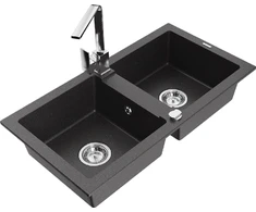 Granitinė virtuvinė plautuvė Mexen Mario su maišytuvu ir sifonu, Juodas granite+Chrome