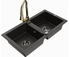 Granitinė virtuvinė plautuvė Mexen Mario su maišytuvu ir sifonu, Metallic juodas/auksinis+Gold