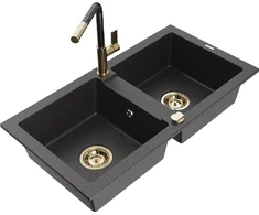 Granitinė virtuvinė plautuvė Mexen Mario su maišytuvu ir sifonu, Juodas granite+Juodas granite/Gold