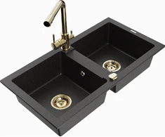 Granitinė virtuvinė plautuvė Mexen Mario su maišytuvu ir sifonu, Metallic juodas/sidabrinis+Gold