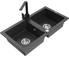 Granitinė virtuvinė plautuvė Mexen Mario su maišytuvu ir sifonu, Juodas granite+Juodas