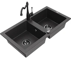 Granitinė virtuvinė plautuvė Mexen Mario su maišytuvu ir sifonu, Juodas granite+Juodas