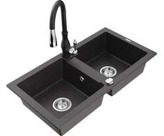 Granitinė virtuvinė plautuvė Mexen Mario su maišytuvu ir sifonu, Juodas granite+Juodas