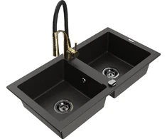 Granitinė virtuvinė plautuvė Mexen Mario su maišytuvu ir sifonu, Metallic juodas/auksinis+Juodas/Gold