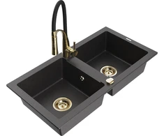 Granitinė virtuvinė plautuvė Mexen Mario su maišytuvu ir sifonu, Juodas granite+Juodas/Gold
