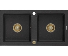 Granitinė virtuvinė plautuvė Mexen Mario su sifonu, Metallic juodas/sidabrinis+Gold, 820 x 436 mm
