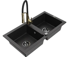 Granitinė virtuvinė plautuvė Mexen Mario su maišytuvu ir sifonu, Metallic juodas/sidabrinis+Juodas/Gold