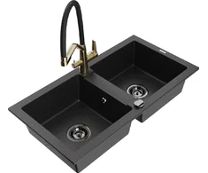Granitinė virtuvinė plautuvė Mexen Mario su maišytuvu ir sifonu, Metallic juodas/sidabrinis+Juodas/Gold