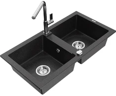 Granitinė virtuvinė plautuvė Mexen Mario su maišytuvu ir sifonu, Metallic juodas/sidabrinis+Chrome