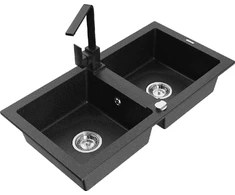 Granitinė virtuvinė plautuvė Mexen Mario su maišytuvu ir sifonu, Metallic juodas/sidabrinis+Juodas