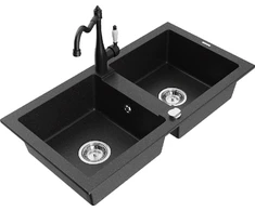 Granitinė virtuvinė plautuvė Mexen Mario su maišytuvu ir sifonu, Metallic juodas/sidabrinis+Juodas