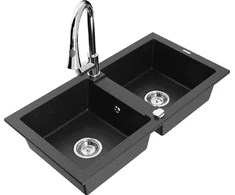 Granitinė virtuvinė plautuvė Mexen Mario su maišytuvu ir sifonu, Metallic juodas/sidabrinis+Chrome