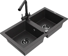 Granitinė virtuvinė plautuvė Mexen Mario su maišytuvu ir sifonu, Juodas granite+Juodas