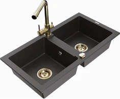 Granitinė virtuvinė plautuvė Mexen Mario su maišytuvu ir sifonu, Juodas granite+Gold