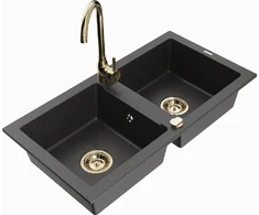 Granitinė virtuvinė plautuvė Mexen Mario su maišytuvu ir sifonu, Juodas granite+Gold