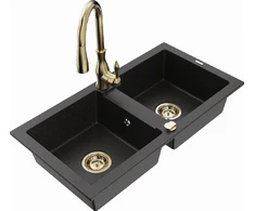 Granitinė virtuvinė plautuvė Mexen Mario su maišytuvu ir sifonu, Metallic juodas/sidabrinis+Gold