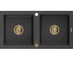 Granitinė virtuvinė plautuvė Mexen Mario su sifonu, Juodas granite+Gold, 820 x 436 mm