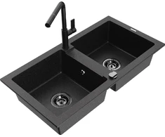 Granitinė virtuvinė plautuvė Mexen Mario su maišytuvu ir sifonu, Metallic juodas/sidabrinis+Juodas