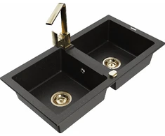 Granitinė virtuvinė plautuvė Mexen Mario su maišytuvu ir sifonu, Metallic juodas/auksinis+Gold