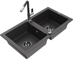 Granitinė virtuvinė plautuvė Mexen Mario su maišytuvu ir sifonu, Juodas granite+Juodas/Chrome