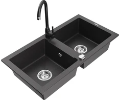 Granitinė virtuvinė plautuvė Mexen Mario su maišytuvu ir sifonu, Juodas granite+Juodas