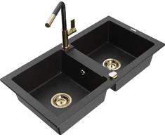 Granitinė virtuvinė plautuvė Mexen Mario su maišytuvu ir sifonu, Metallic juodas/sidabrinis+Juodas/Gold