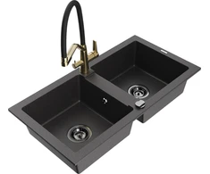 Granitinė virtuvinė plautuvė Mexen Mario su maišytuvu ir sifonu, Juodas granite+Juodas/Gold