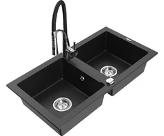 Granitinė virtuvinė plautuvė Mexen Mario su maišytuvu ir sifonu, Metallic juodas/sidabrinis+Juodas/Chrome