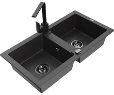 Granitinė virtuvinė plautuvė Mexen Mario su maišytuvu ir sifonu, Juodas granite+Juodas