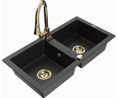 Granitinė virtuvinė plautuvė Mexen Mario su maišytuvu ir sifonu, Metallic juodas/sidabrinis+Gold
