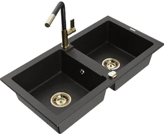Granitinė virtuvinė plautuvė Mexen Mario su maišytuvu ir sifonu, Metallic juodas/auksinis+Juodas/Gold