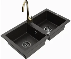 Granitinė virtuvinė plautuvė Mexen Mario su maišytuvu ir sifonu, Metallic juodas/auksinis+Gold