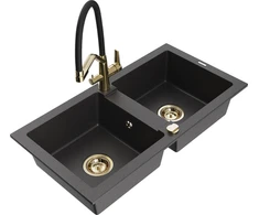 Granitinė virtuvinė plautuvė Mexen Mario su maišytuvu ir sifonu, Juodas granite+Juodas/Gold
