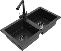 Granitinė virtuvinė plautuvė Mexen Mario su maišytuvu ir sifonu, Metallic juodas/sidabrinis+Juodas