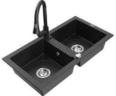 Granitinė virtuvinė plautuvė Mexen Mario su maišytuvu ir sifonu, Metallic juodas/sidabrinis+Juodas